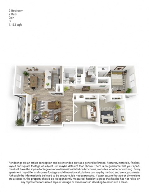 Floor plan for 2 beds, 2 baths, 1132 sqft